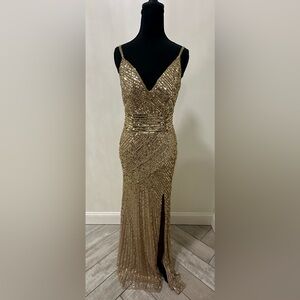 Gold Sequin V-Neck Prom Gown with Front Slit